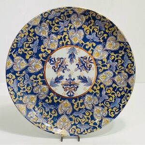 Vintage Hand Painted Blue Porcelain 12” Plate Gold Gilded Flora Designs